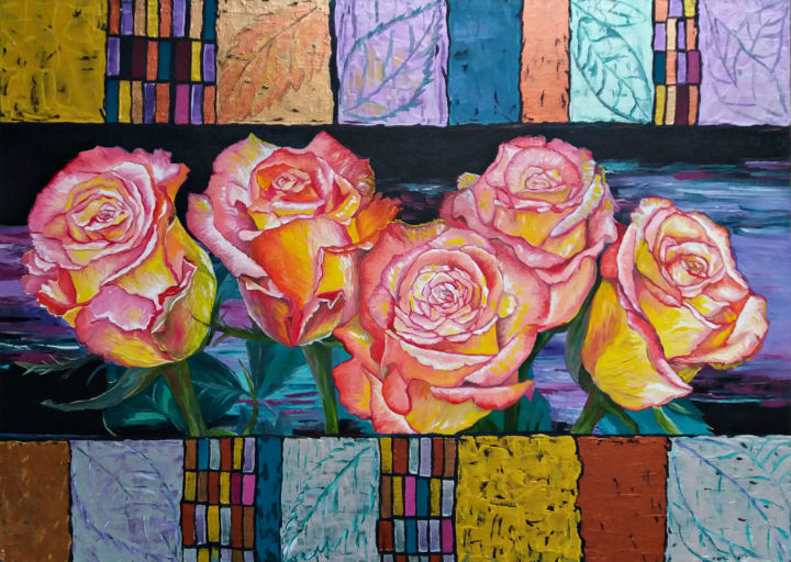 绘画 标题为“Пять роз” 由Vyacheslav Ig, 原创艺术品, 油 安装在其他刚性面板上
