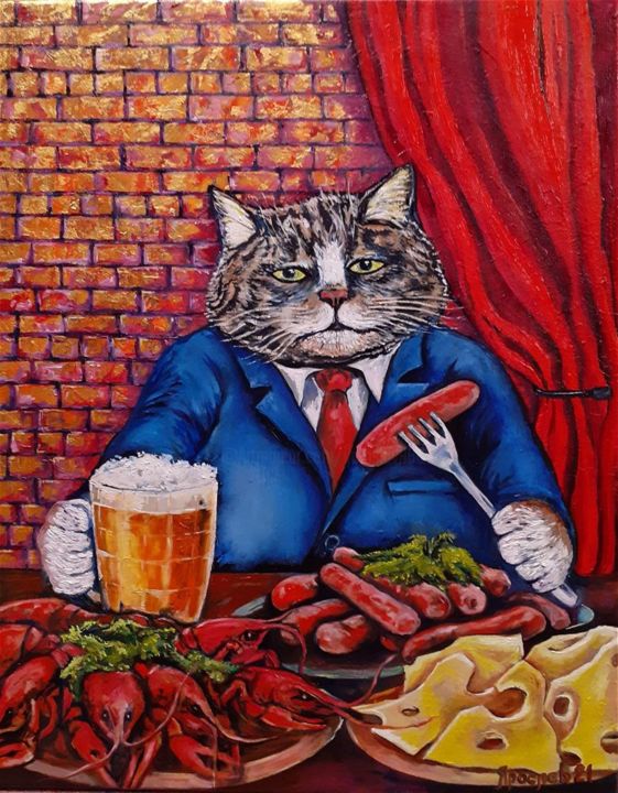 「Cat and Beer」というタイトルの絵画 Vyacheslav Igによって, オリジナルのアートワーク, オイル