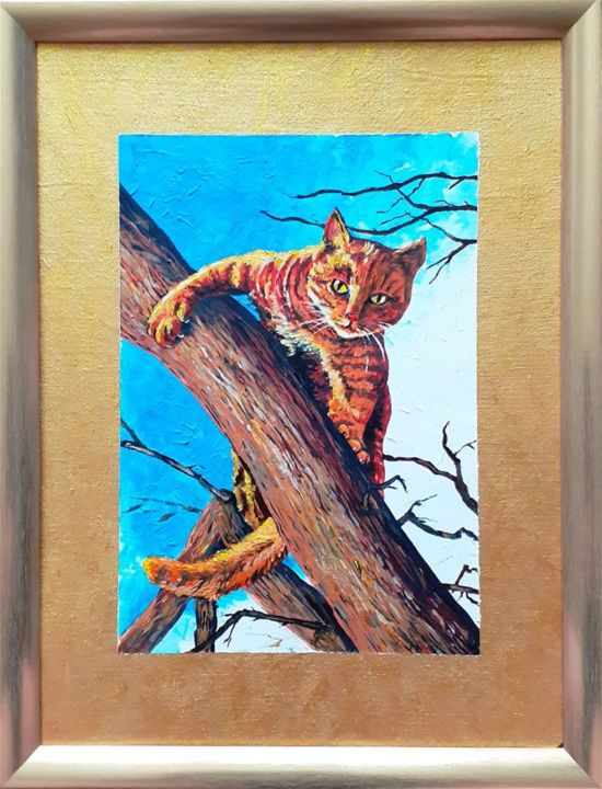 Schilderij getiteld "Cat on a tree" door Vyacheslav Ig, Origineel Kunstwerk, Olie