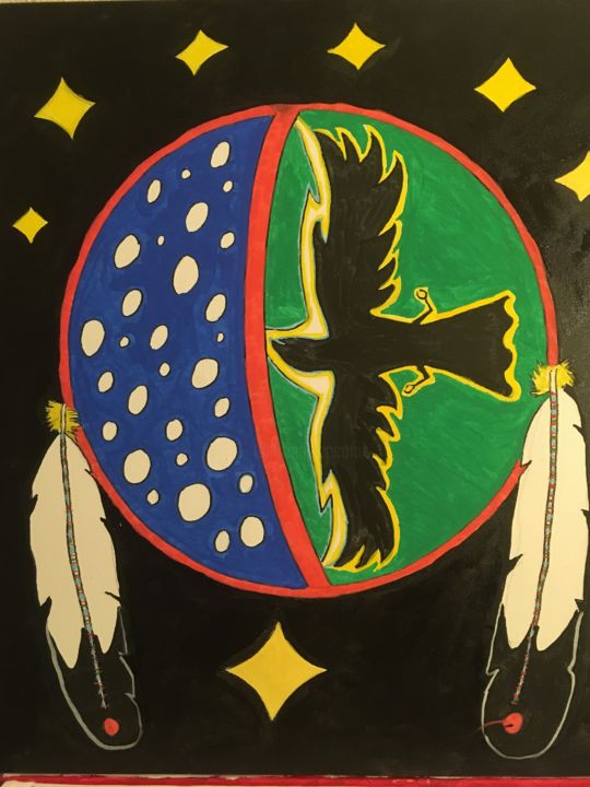 Painting titled "The crow shield" by Ikce Wicasa, Original Artwork, Acrylic