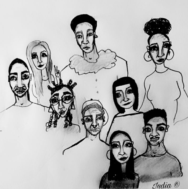 Drawing titled "Society" by India Kindombi, Original Artwork, Ballpoint pen