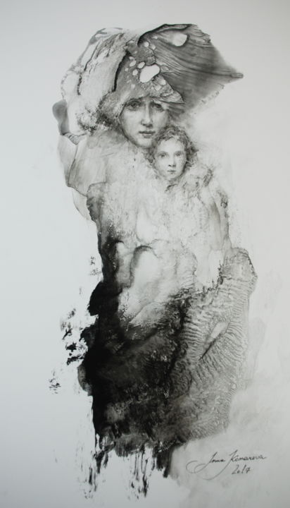 Dessin intitulée "Madonna" par Inna Komarova, Œuvre d'art originale, Encre