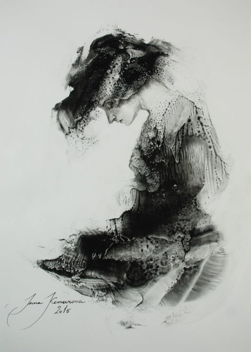 Drawing titled "Lady reading a book" by Inna Komarova, Original Artwork, Ink