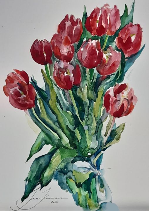 Pintura intitulada "The tulips" por Inna Komarova, Obras de arte originais, Aquarela