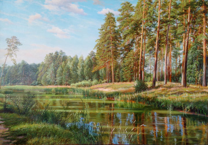 Картина под названием "landscape with pine…" - Ilfat Davutov, Подлинное произведение искусства, Масло Установлен на Деревянн…