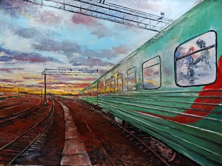 Painting titled "Where is your train…" by Ilgiz Murtazin, Original Artwork, Oil Mounted on Wood Stretcher frame