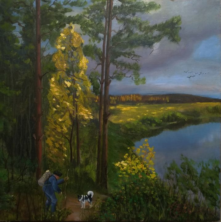 Painting titled "Грибник" by Ilia Ivanov, Original Artwork, Oil Mounted on Wood Stretcher frame