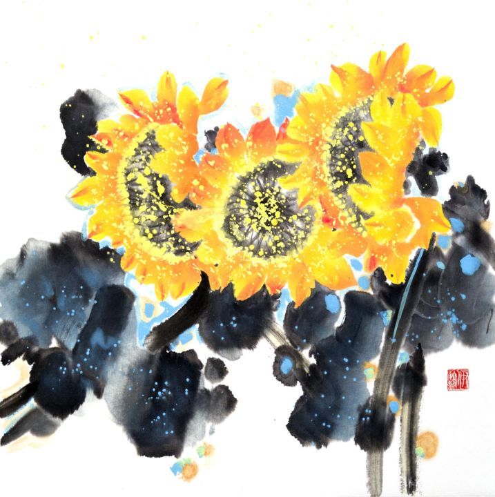 Картина под названием "Sunny sunflowers -…" - Ilana Shechter, Подлинное произведение искусства, Акварель