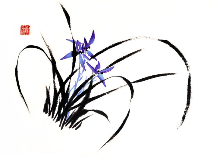 Картина под названием "Purple orchids" - Ilana Shechter, Подлинное произведение искусства, Акварель