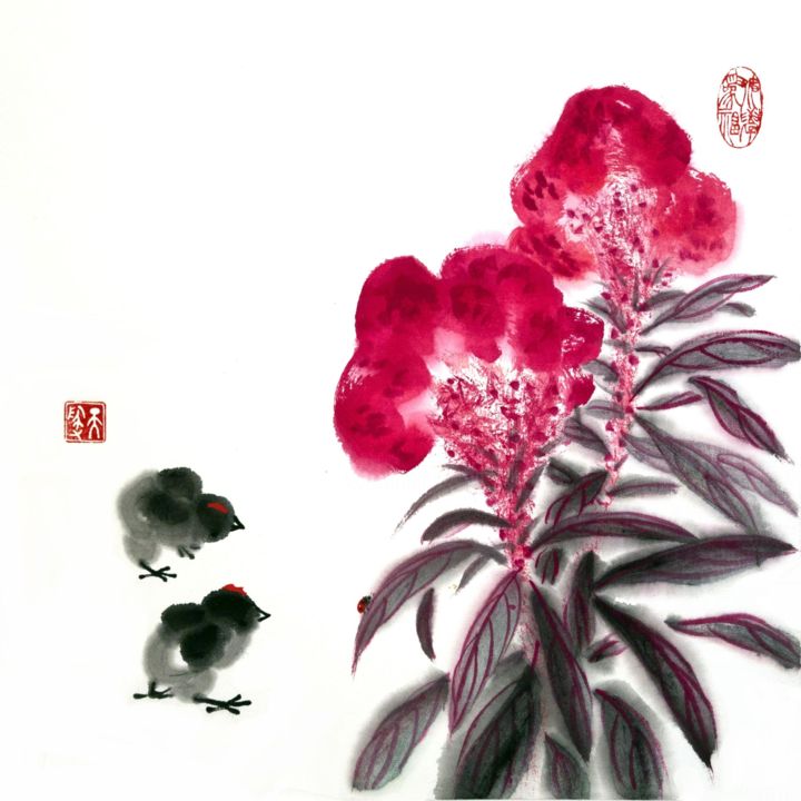 Painting titled "Celosia, two chicks…" by Ilana Shechter, Original Artwork, Watercolor