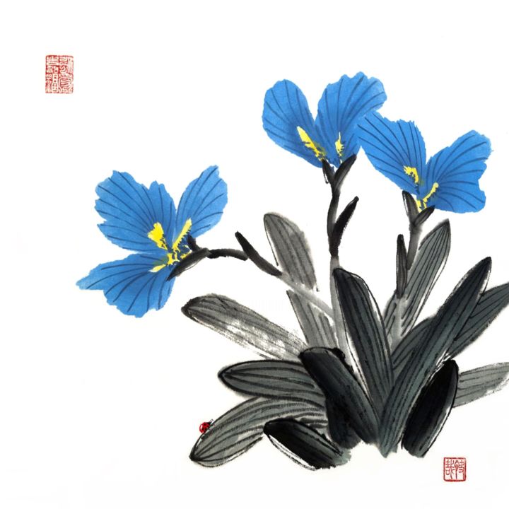 Painting titled "Blue irises and red…" by Ilana Shechter, Original Artwork, Watercolor