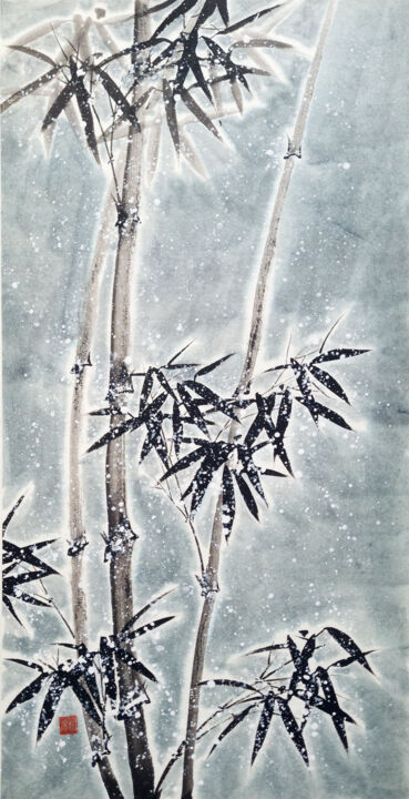 Painting titled "Night snowy bamboo…" by Ilana Shechter, Original Artwork, Ink