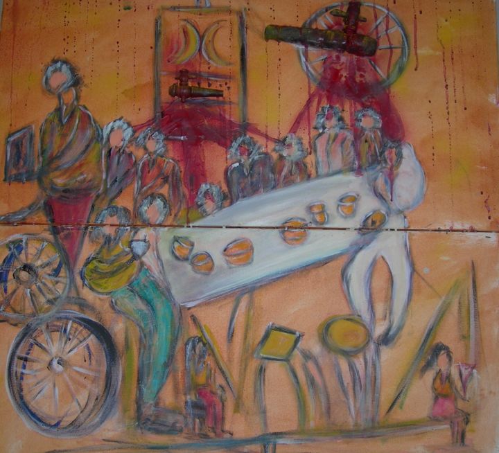 Pintura intitulada "Pigs at the table" por Ilda Monteiro, Obras de arte originais, Acrílico