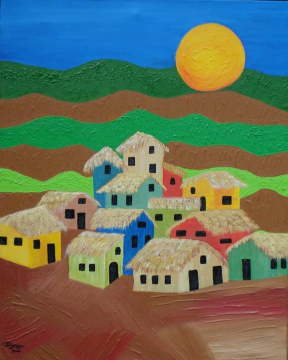 Pintura intitulada "Pueblo Rustico" por Edna Ildefonso, Obras de arte originais