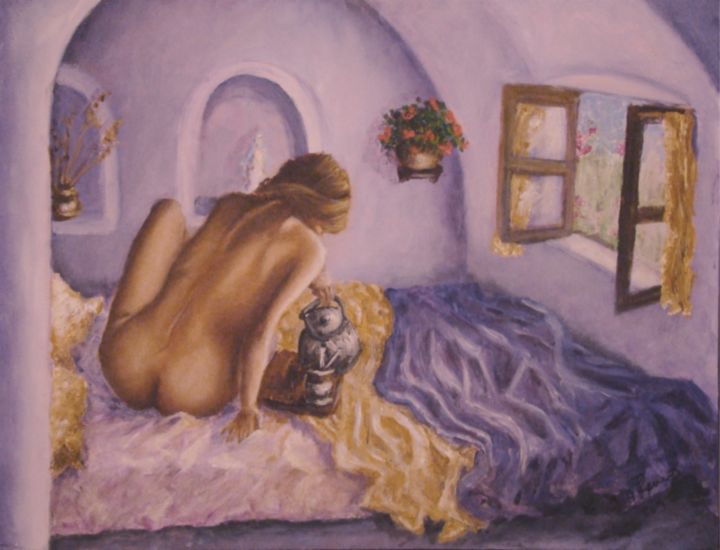 Painting titled "desayunando-mate-il…" by Ileana Ramos, Original Artwork, Other