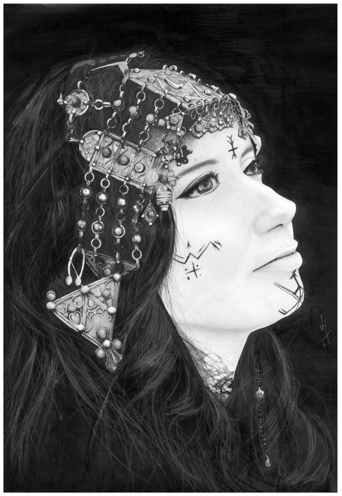 Desenho intitulada "Femme Kabyle" por Iles Guiz, Obras de arte originais, Tinta