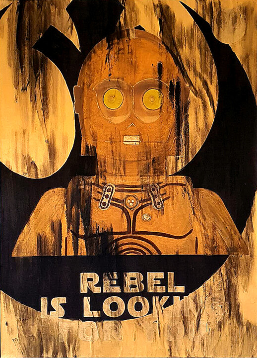 Painting titled "C3PO oro" by Ilguada, Original Artwork, Ink Mounted on Wood Stretcher frame