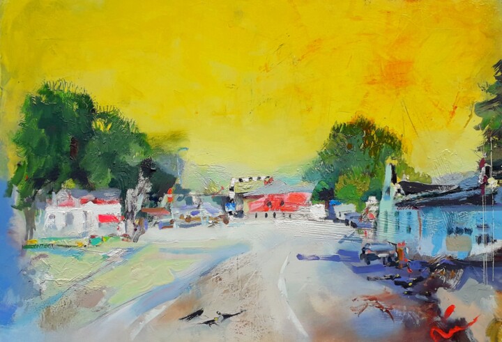 Painting titled "townscape. july." by Ilgvars Zalans, Original Artwork, Oil