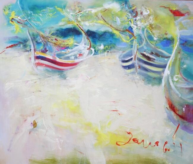 Painting titled "java boats" by Ilgvars Zalans, Original Artwork, Oil