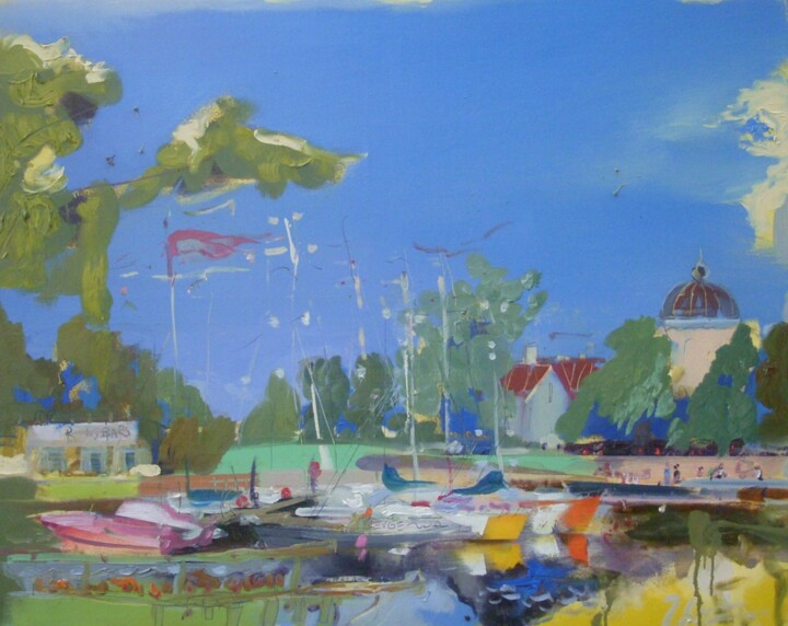 Painting titled "city harbour 006" by Ilgvars Zalans, Original Artwork, Oil Mounted on Wood Stretcher frame