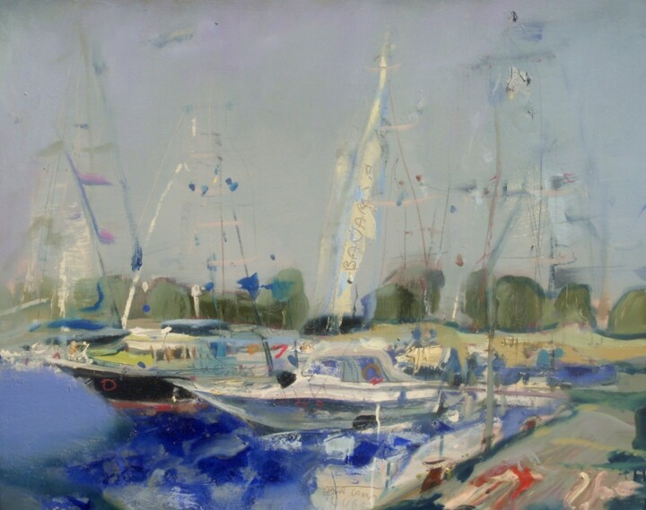 Painting titled "city-harbour-003" by Ilgvars Zalans, Original Artwork, Oil