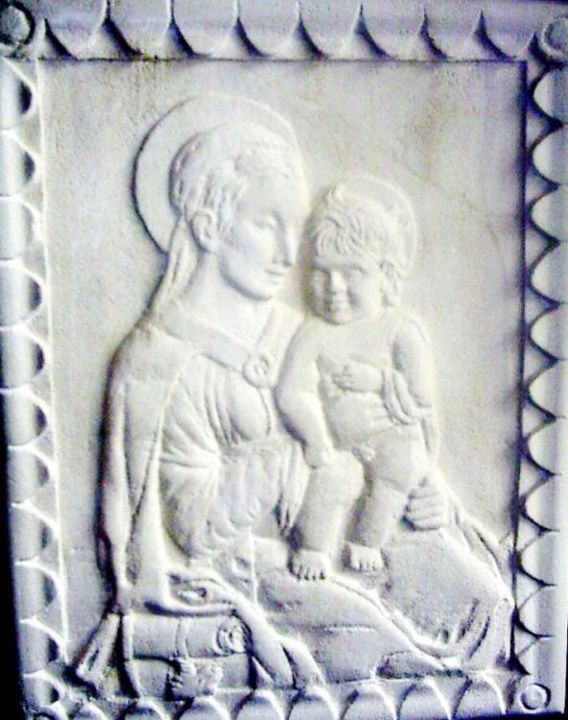 Sculptuur getiteld "Madonna and child" door Andreevi, Origineel Kunstwerk, Steen