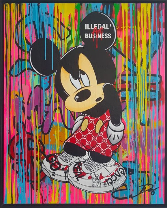 Painting titled "Mickey Gucci Raining" by Illegalartbusiness, Original Artwork, Acrylic Mounted on Wood Stretcher frame