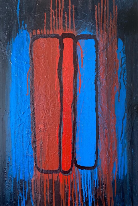 Painting titled "blue and red on bla…" by Illia Prunenko, Original Artwork, Spray paint