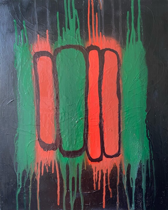Painting titled "green and red on bl…" by Illia Prunenko, Original Artwork, Spray paint