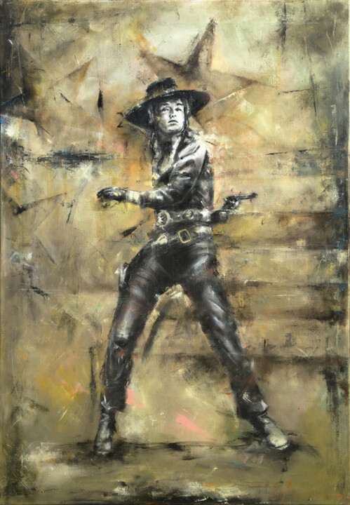 Malerei mit dem Titel "Real Cowgirl" von Ilya Nimo, Original-Kunstwerk, Öl