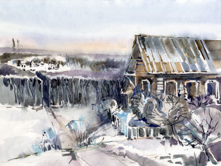 Painting titled "frost and some vill…" by Ilona Baleishyts, Original Artwork, Watercolor