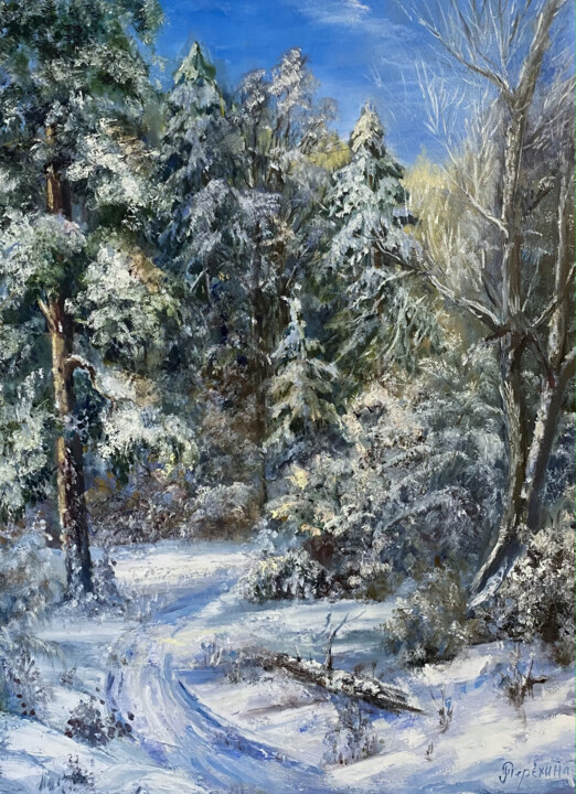 Painting titled "Winter in forest" by Ilona Terekhina, Original Artwork, Oil Mounted on Wood Stretcher frame