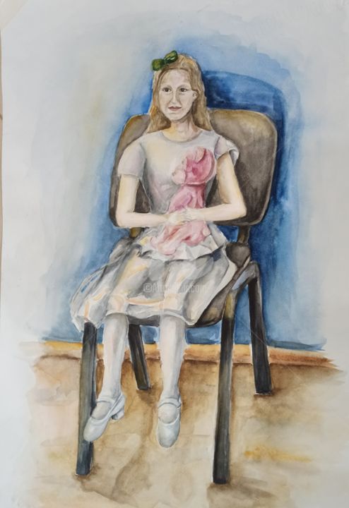 Peinture intitulée "Девочка с мишкой" par Ilona Miroshnichenko, Œuvre d'art originale, Aquarelle