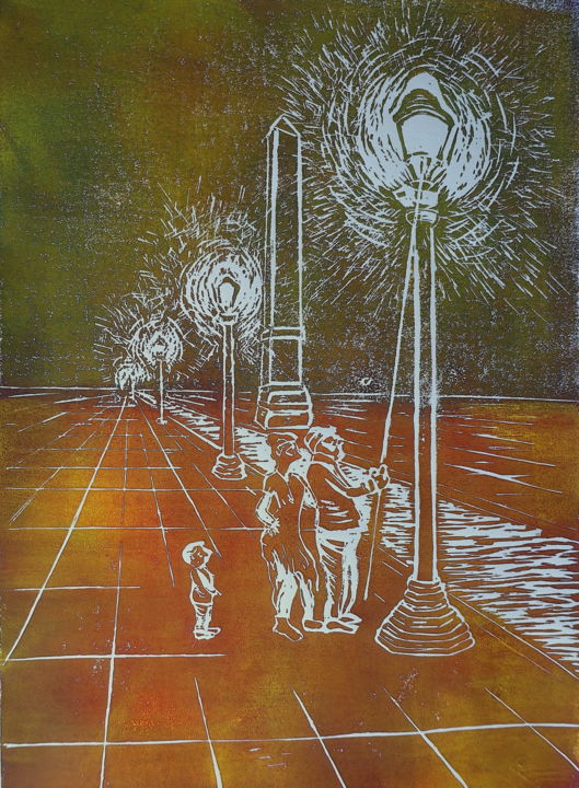 Incisioni, stampe intitolato "Happy Life 2" da Ilse Joris, Opera d'arte originale, Incisioni su linoleum