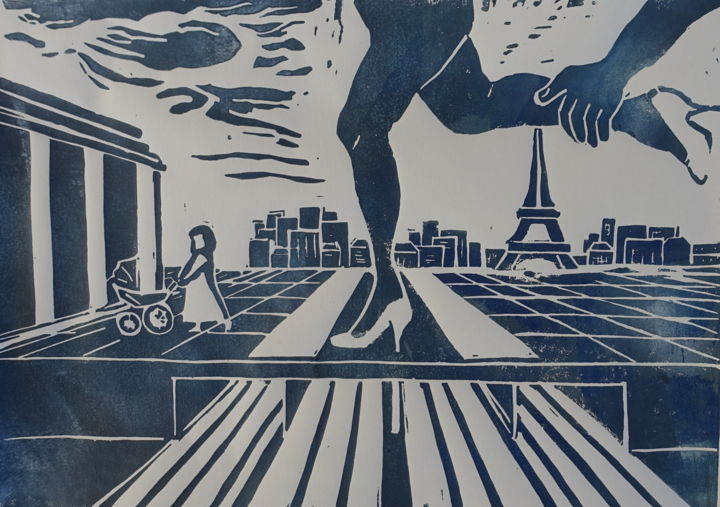 Druckgrafik mit dem Titel "Ringland 3" von Ilse Joris, Original-Kunstwerk, Linoldrucke