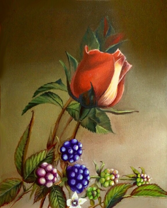 Картина под названием "Розы и ветка ежевик…" - Ilya Nikolaevich, Подлинное произведение искусства, Акрил
