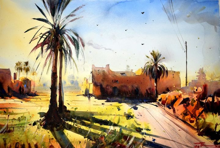 Painting titled "Contre jour (Serian…" by Ilyes Belkaid, Original Artwork, Watercolor