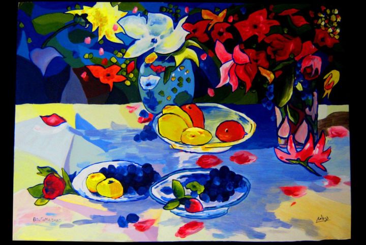 Painting titled "fleurs-et-fruits-pa…" by Imad Boufama, Original Artwork, Oil