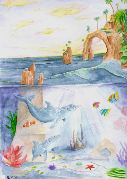 Peinture intitulée "Dolphins" par Paul Meier, Œuvre d'art originale, Aquarelle