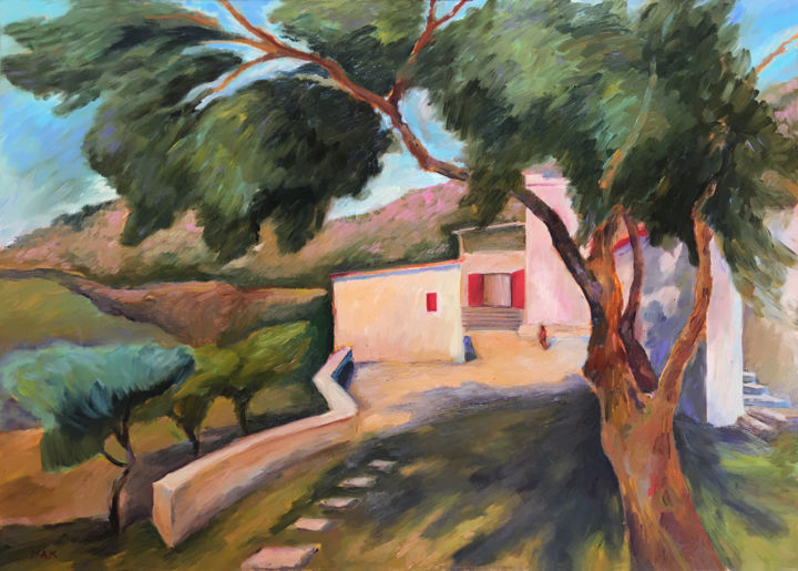 Painting titled "The Red Point. Italy" by Irina Makarova, Original Artwork, Oil Mounted on Wood Stretcher frame