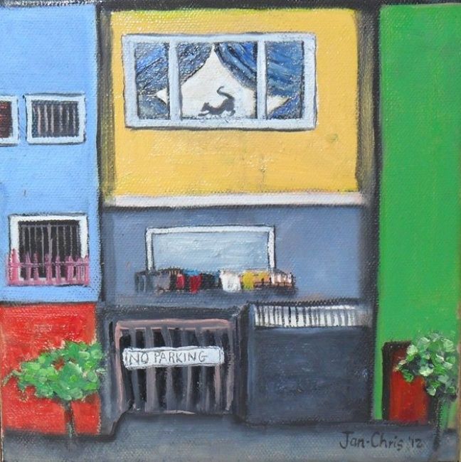 Painting titled "Cat at the window" by Jan-Chris Cilliers, Original Artwork, Oil