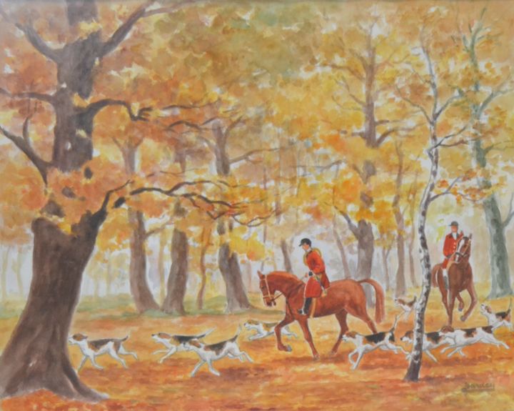 Peinture intitulée "La chasse à courre" par Jacques Jourdan, Œuvre d'art originale, Aquarelle