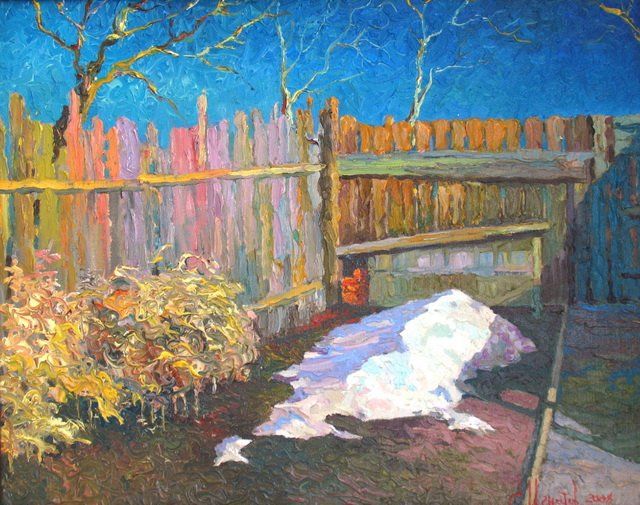 Painting titled "Последний снег" by Improviz, Original Artwork, Oil