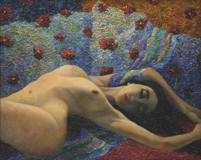 Painting titled "спящая муза в маков…" by Improviz, Original Artwork, Oil