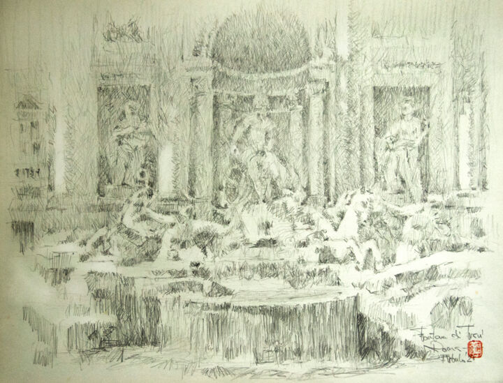 Tekening getiteld "FONTANA DI TREVI" door Iñaki Martinez De Arbulo, Origineel Kunstwerk, Potlood