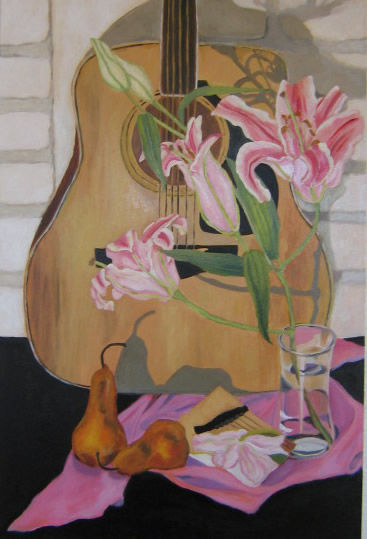 Painting titled "Guitar and Lilies" by Inara Cedrins, Original Artwork, Oil