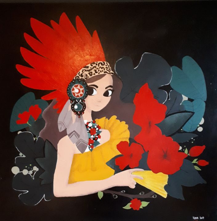 Peinture intitulée "femme indienne" par Nana, Œuvre d'art originale, Acrylique