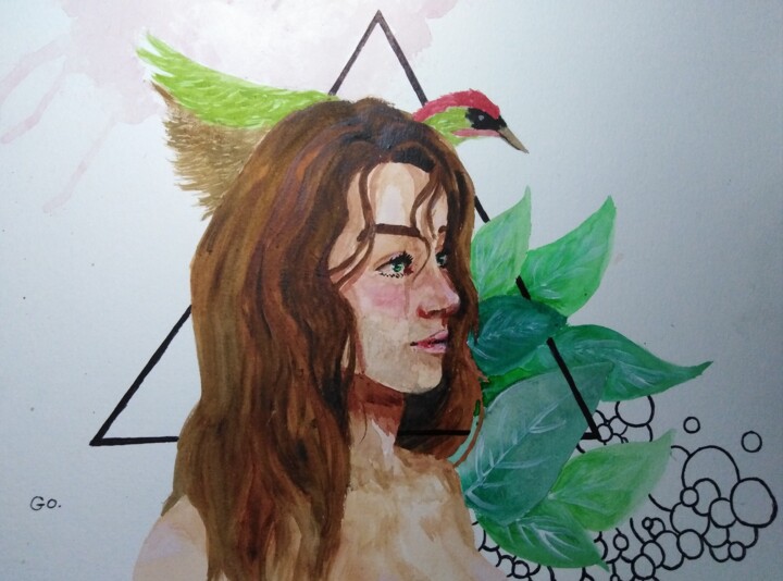 Painting titled "Green Woodpecker" by Indi'Go, Original Artwork, Watercolor