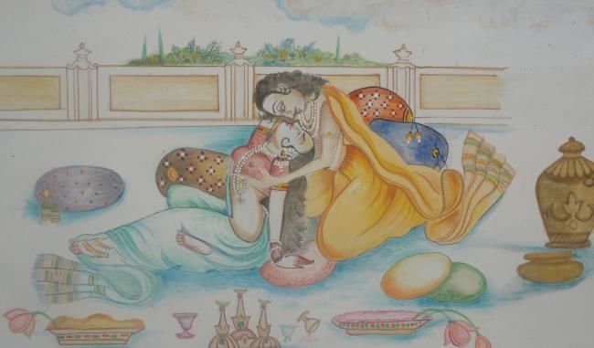 Painting titled "radha krishna love" by Vinayak Bharti, Original Artwork, Oil