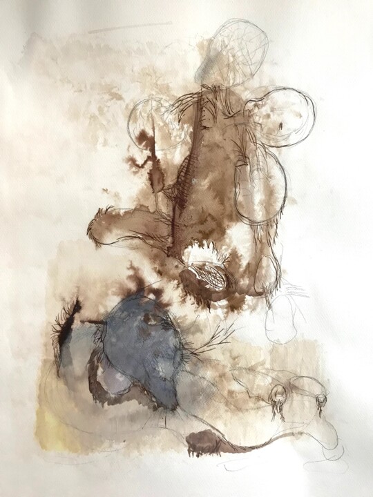 Pittura intitolato "L'homme déchu" da Ines Barquero, Opera d'arte originale, Inchiostro